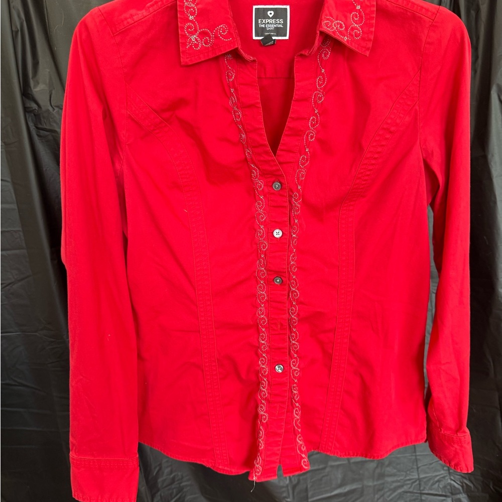 Express Red Long Sleeve Button Down Shirt with Notched Collar